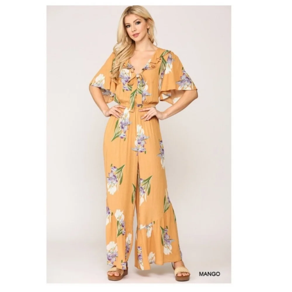 JUMPSUIT -FLORAL PRINT FLUTTER SLEEVE- RUFFLE BACK- KEYHOLE--NEW-MANGO - Picture 5 of 5